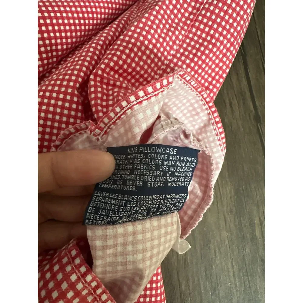 Vintage Ralph Lauren Gingham Checked Red White Ruffled Pillowcases Set of 2 King